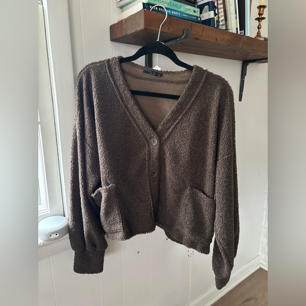 Final Touch Brown Teddy Sherpa balloon sleeve Button-Up Cardigan